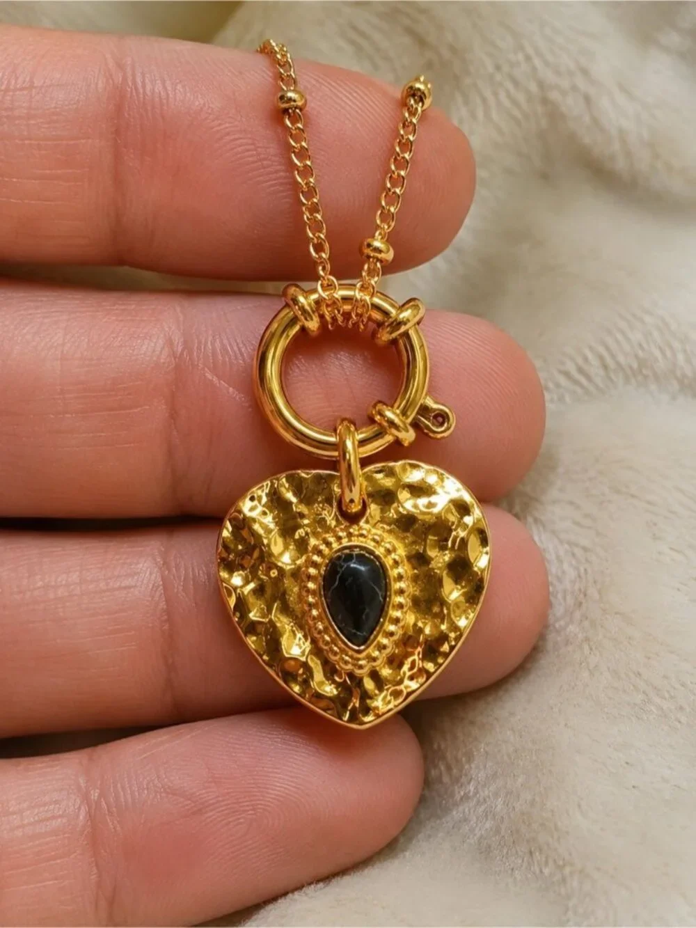 Gold plated Heart Pendant Necklace with Black Teardrop Accent